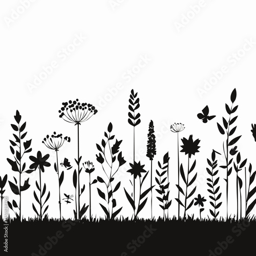 Enchanting meadow background featuring delicate black silhouettes of wild herbs and flowers evoking a magical night scene with fireflies