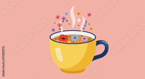 Minimalist Vector Illustration of Floral Tea Cup with Steam in Bright Colors in Modern Style