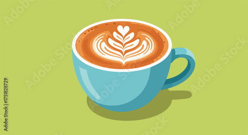 Vector Illustration of Coffee Cup with Latte Art in Modern Minimalist Style Featuring Bright Blue Cup and Creamy Brown Coffee Color