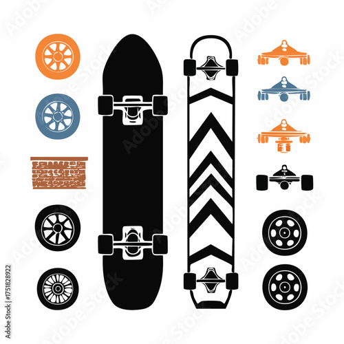 Simple graphic illustration showcasing various skateboard trucks and wheels with clean designs and vibrant colors