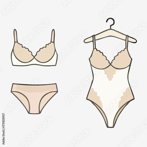 Collection of elegant white lace women s lingerie silhouettes including bra panties and bodysuit for fashion design