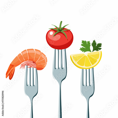 Delicious horizontal illustration featuring firefly forks with fresh tomatoes zesty lemon succulent shrimp spicy pepper and rich salmon