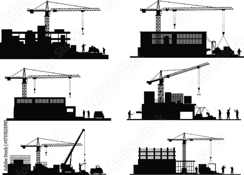 Construction site silhouette, tower crane, workers, building development, industrial equipment, scaffolding, cement truck, urban architecture, black and white, heavy machinery, construction process,