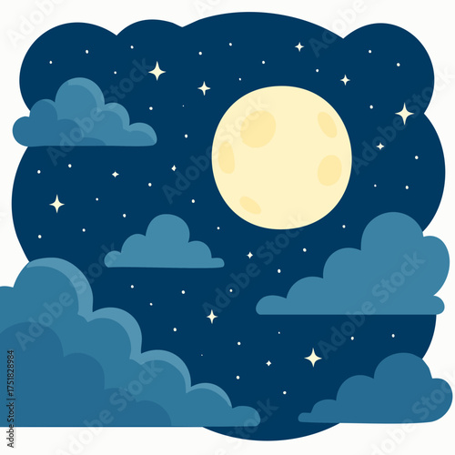 Enchanting night sky with a luminous full moon scattered clouds and twinkling fireflies creating a magical serene atmosphere