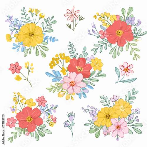Elegant hand drawn wildflower bouquet collection featuring delicate line art botanical illustrations for artistic designs