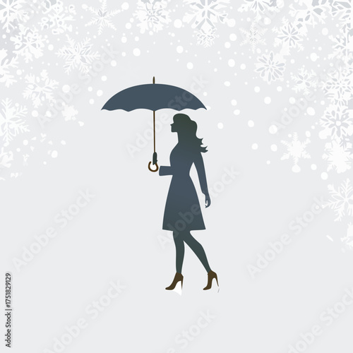 Silhouette of a lone person walking with an umbrella in a gentle snowfall evoking a sense of quiet solitude and winter atmosphere