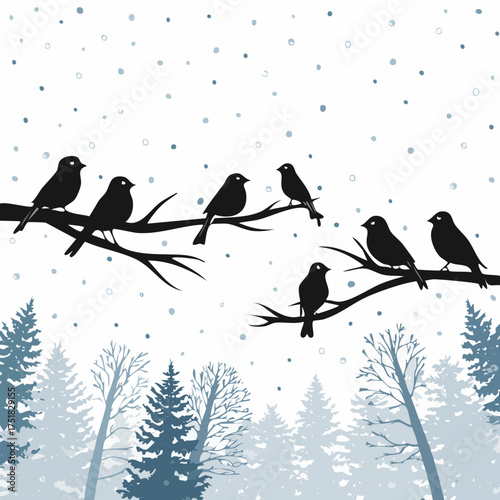 Elegant silhouette of small birds perched on snow covered tree branches during a serene winter scene