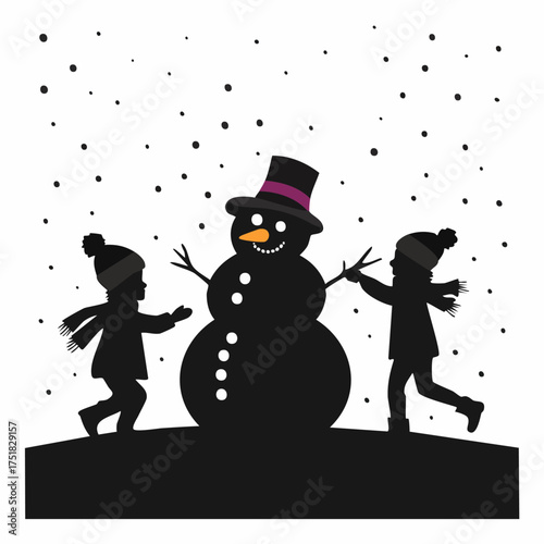 Charming silhouette of children building a snowman and playing in the snow under a starry night sky with fireflies