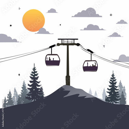 Striking silhouette of a ski lift ascending a majestic mountain peak under a starry night sky with skiers enjoying the winter landscape