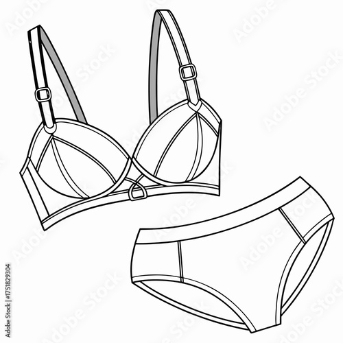 Detailed fashion illustration of a full cup bra and matching panty set presented as a clean vector template for design and apparel