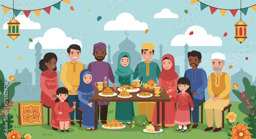 Vector Illustration of Diverse Family Celebrating Eid in Modern Flat Style with Bright Colors and Festive Decor