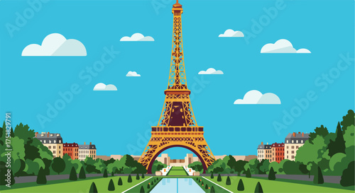 Vector Illustration of Eiffel Tower with Cityscape and Green Park in Modern Flat Style in Blue Sky Colors
