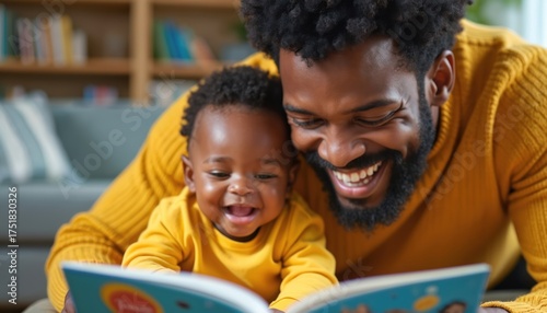 Black father reads book to smiling baby son. Family enjoys story time indoors, sharing love and connection. Parent teaches child, bonding with laughter and joy.