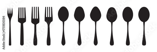 Minimalist Black Cutlery Silhouette Set – Spoon, Fork, and Knife Icons for Restaurant and Kitchen Design Vector Illustration
