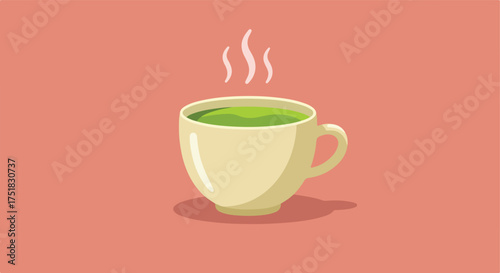 Minimalist Vector Illustration of Hot Green Tea Cup in Contemporary Style with Soft Beige and Green Colors for Wellness and Beverage Branding