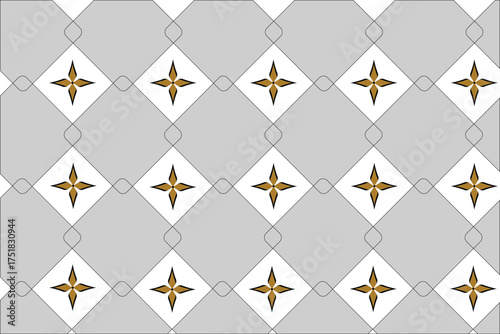 Elegant geometric diamond tile seamless pattern in gray and white with gold floral star motif, modern decorative background design for wallpaper, fabric, ceramic, and digital art projects.