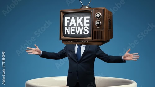 Abstract 3D illustration of a man in a suit with a television head displaying fake news inside a teacup on a blue background