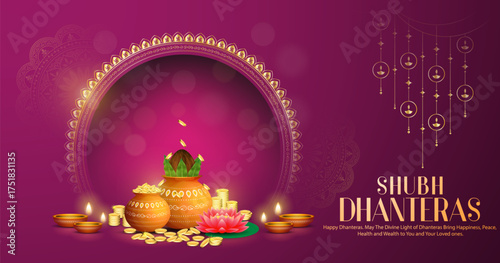 Happy Dhanteras Celebration - Poster Template Design With Pots of Gold Coin, Diya and Decorative Arch. Auspicious Hindu Festival Symbolizing Prosperity and Wealth. Hindu Festival Background.