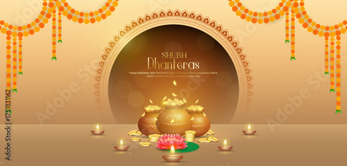 Happy Dhanteras Celebration - Poster Template Design With Pots of Gold Coin, Diya and Decorative Arch. Auspicious Hindu Festival Symbolizing Prosperity and Wealth. Hindu Festival Background.