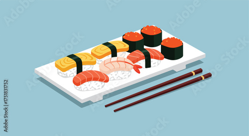 Vector Illustration of Sushi Platter with Nigiri and Rolls in Modern Minimalist Style Featuring Bright Colors for Food Packaging and Restaurant Branding