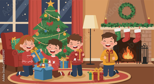Vector Illustration of Children Celebrating Christmas in Warm Cozy Living Room Style with Christmas Tree and Fireplace