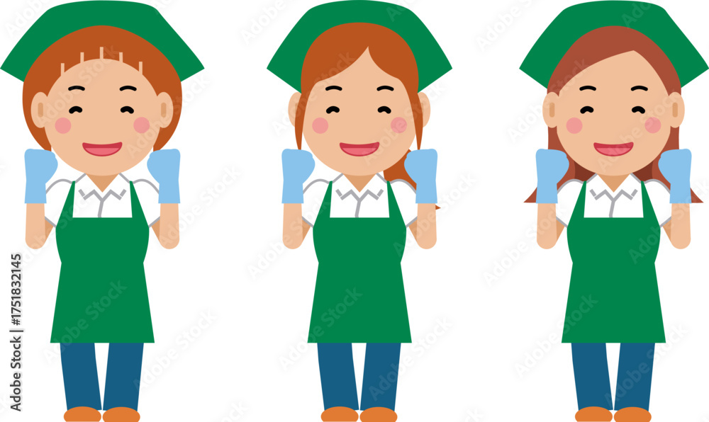 Fototapeta premium がんばります。と笑顔の緑エプロンの女性清掃員。その2