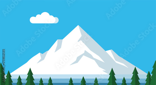 Minimalist Vector Landscape Illustration of Snow Mountain with Pine Trees and Blue Sky in Modern Style