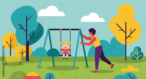 Vector Illustration of Playground Scene with Child on Swing and Adult Pushing in Modern Flat Style Featuring Bright Colors and Nature Elements