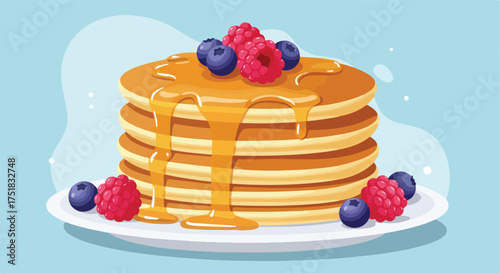 Vector Illustration of Pancakes with Berries and Syrup in Modern Style for Food Branding