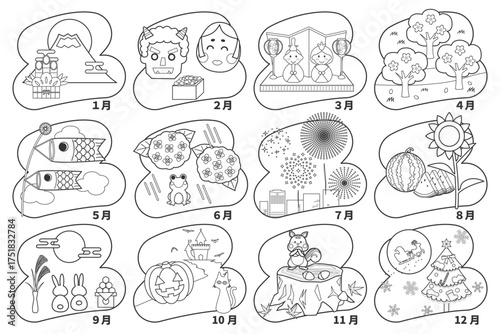 日本の12か月 行事アイコンセット（モノクロ線画）