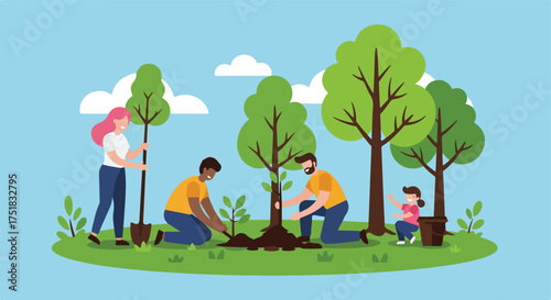 Vector Illustration of Family Planting Trees in Modern Flat Style with Bright Colors for Environmental Campaigns