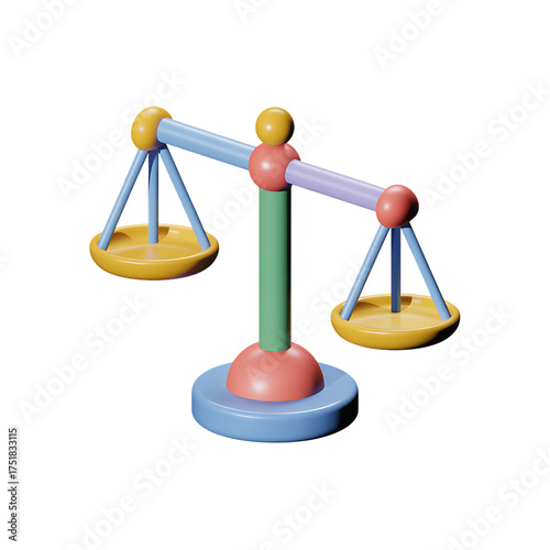 Colorful 3d balance scale with pans and stand on transparent background, concept art