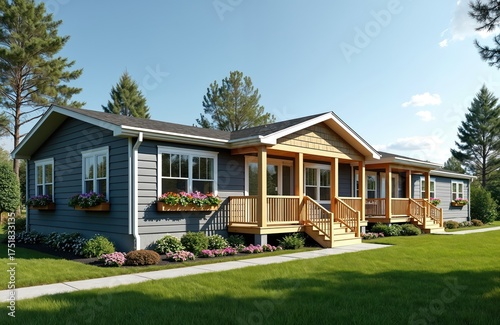 Modern grey manufactured home sits on green grass with flower boxes. Double wide modular house features wood porch, white windows. Rural residential building offers comfortable living space for