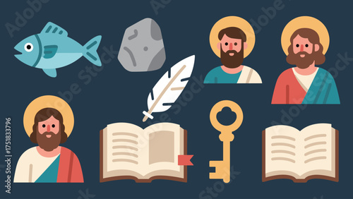 Christian Symbols and Apostles Flat Icons