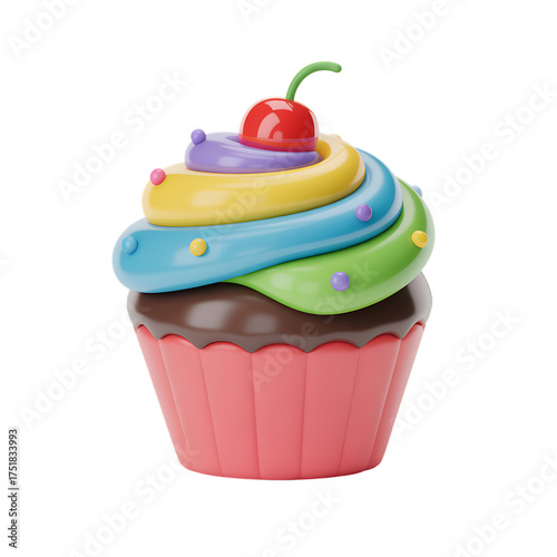 Colorful 3d cupcake with cherry on top on transparent background for design elements