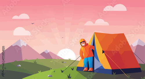 Vector Illustration of Child Camping Scene in Modern Flat Style with Sunrise and Mountain Background