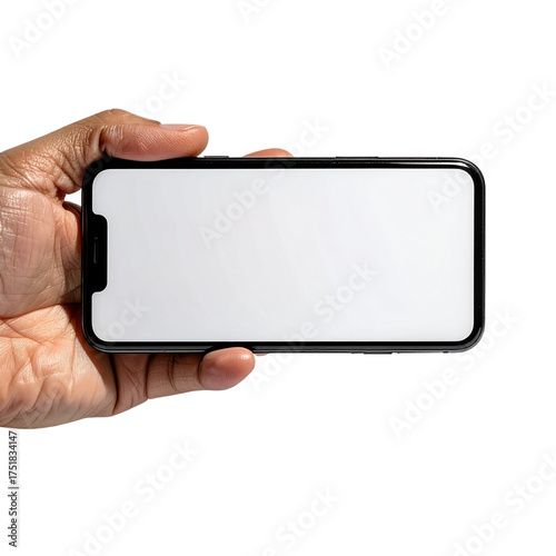 Hand holding a black smartphone horizontally with a blank white screen.