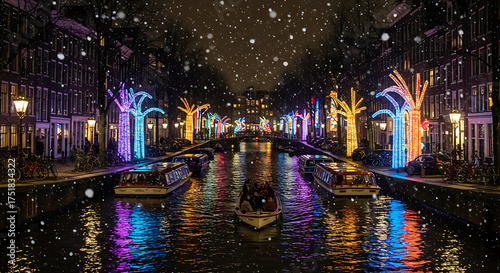amsterdam light festival canal winter night snow