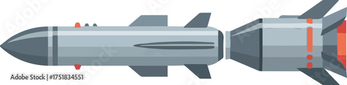 Guided missile weapon or ballistic rocket weapon with booster flat vector icon for apps and websites on white background.