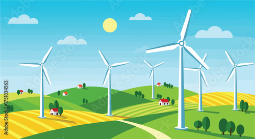 Vector Illustration of Wind Turbines on Rolling Countryside in Modern Minimalist Style with Bright Blue Sky and Yellow Fields
