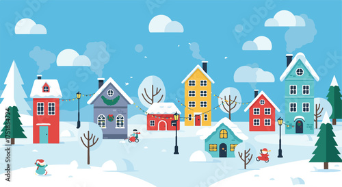 Vector Illustration of Festive Snowy Village Scene in Modern Style with Colorful Houses and Winter Elements