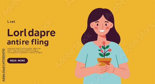 Minimalist Vector Illustration of a Woman Holding a Flower in a Pot with Modern Style and Bright Colors