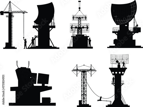 Radar silhouette, antenna tower, parabolic dish, control room, surveillance equipment, communication system, black and white, radar technician, signal monitoring, infrastructure, technology, defense