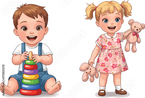 Cartoon children playing, stacking rings, teddy bears, smiling boy and girl, colorful toys, early learning, cute outfits, indoor fun, happy kids