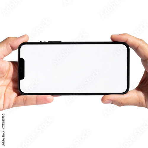 Hands Holding Smartphone in Landscape Mode with Blank Screen.