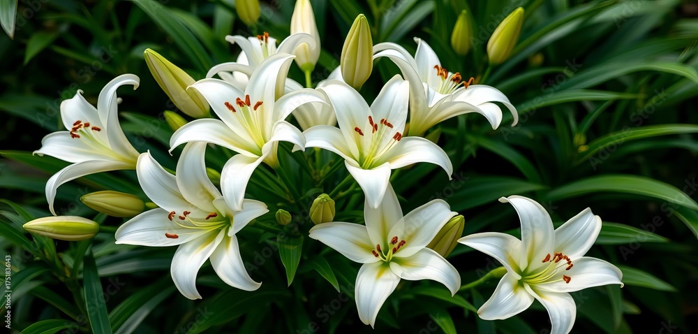 Fototapeta premium Elegant cluster of pristine white lilies, lush green foliage, floral, memorial