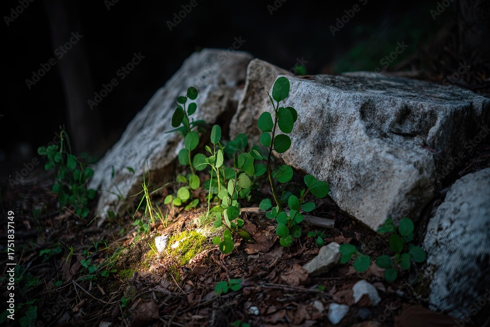 Obraz premium Sprouts grow near rocks, sunlight dappling dark woodland floor