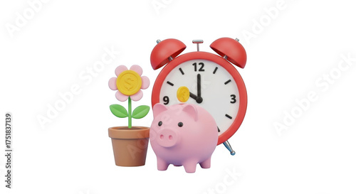 Piggy bank and flower next to alarm clock isolated on transparent background