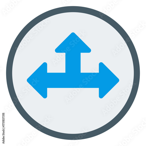 Three way icon. Road split symbol. Traffic direction and navigation route collection.Flat Icon