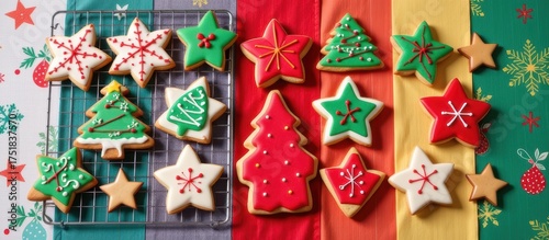 Decorative Christmas cookies on a colorful background.